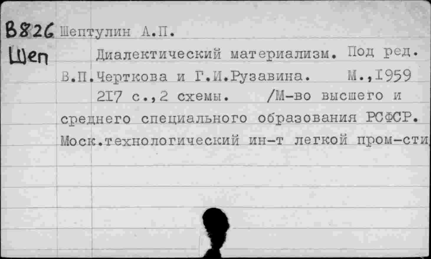 ﻿Г В§’2б Шептулин Л. П.			•ч
еп		Диалектический материализм. Под ред.	
	в.п	.Черткова и I	.И.Рузавина.	М.,1959
		217 с.,2 схемы.	/М-во высшего и	
	среднего специального образования РСФСР.		
		с.технологический ин-т легкой пром-сти	
			
			
			